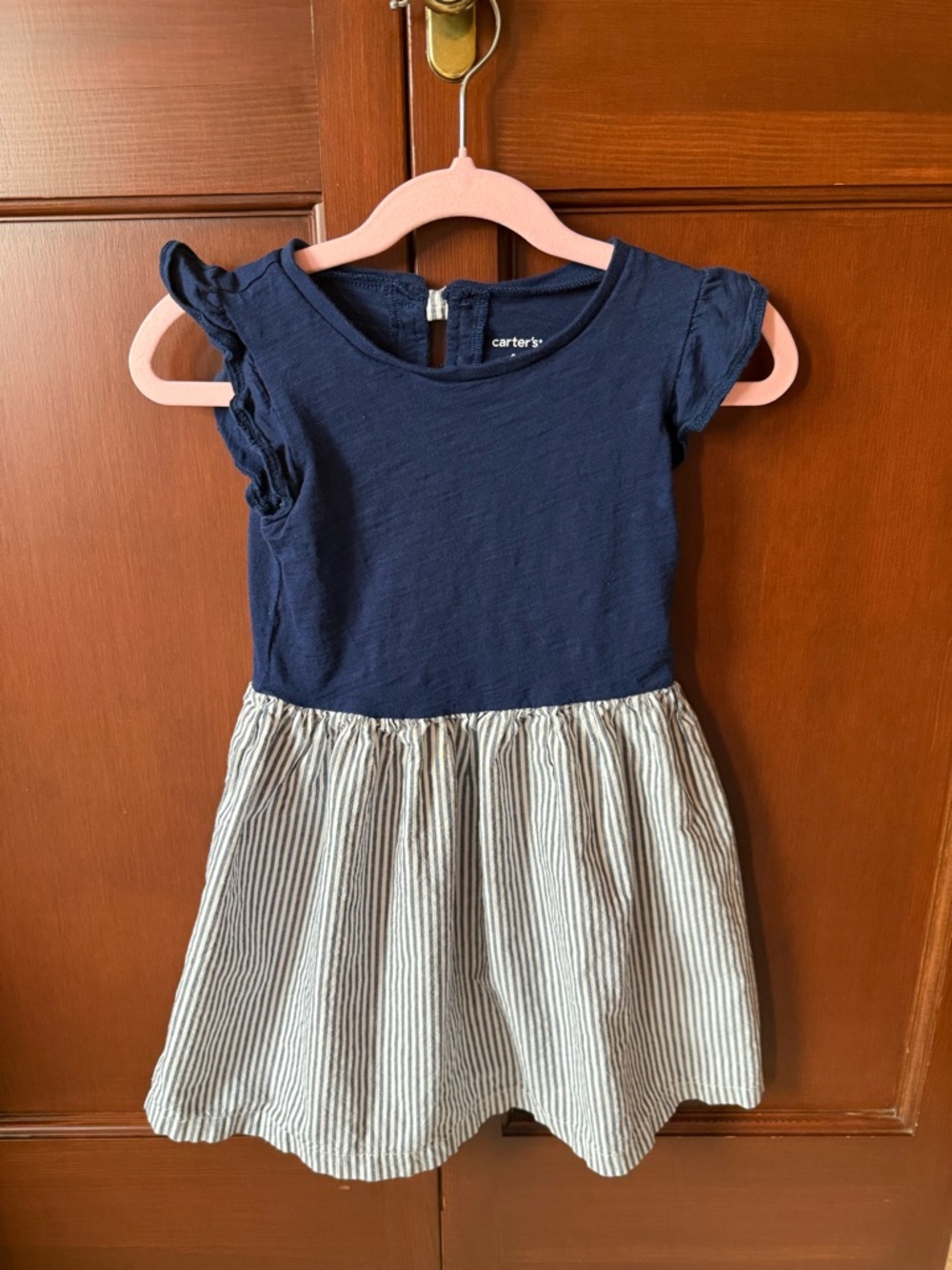 Carter's Navy Top with Cream Striped Skirt Ruffle Sleeve Dress